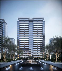 an artist's rendering of a building with fountains in the foreground and trees on either side