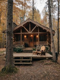 Log Cabin Homestead, Cottage Woods Aesthetic, Tiny Cabin Aesthetic, Cabin Porches Ideas Rustic, Cabin In Woods Aesthetic, Tiny Hunting Cabin, House In Forest Cottages, Cabin Back Porch, Wood Cabin Exterior