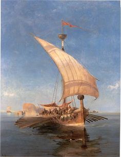 a painting of a boat in the water