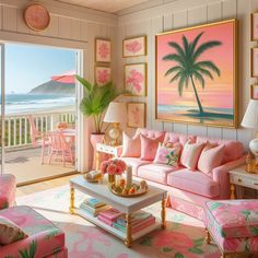 a living room filled with pink furniture and paintings on the wall above it's windows