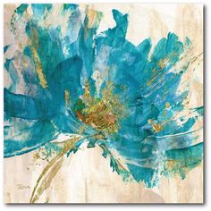 a blue flower on a white background with gold accents and an abstract painting style design