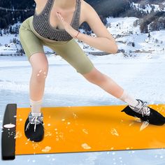 a woman in tights and shoes standing on a snowboard