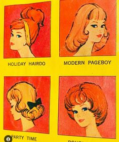 four different hairstyles are shown in an old fashion book, with the words holiday hairdo and modern pageboy party time