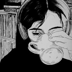 black and white drawing of a woman drinking from a coffee cup in front of a bookshelf