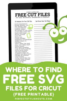 a tablet with the text where to find free svg files for cricut