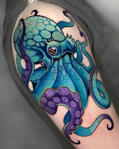 an octopus tattoo on the right arm and leg, with purple tentacles around it's head