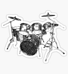 a black and white drawing of a drum set