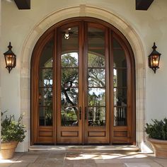 two potted plants are sitting on the outside of a house with double doors and windows