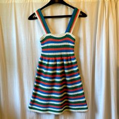 Nwt!! Zara Knit Stripped Mini Stress. Such A Cute Summer Dress! Cute Fitted Knit Dress, Striped Knit Beach Dresses, Striped Knit Dresses For The Beach, Casual Multicolor Crochet Dress, Fitted Striped Knit Dress, Casual Multicolor Crochet Mini Dress, Casual Green Crochet Knit Dress, Striped Cotton Sundress, Fitted Casual Crochet Cotton Dress