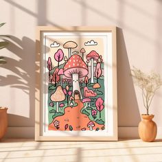 an art print on a shelf next to potted plants