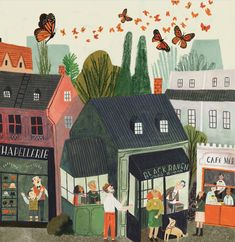 a painting of people and dogs in front of a cafe with butterflies flying above them