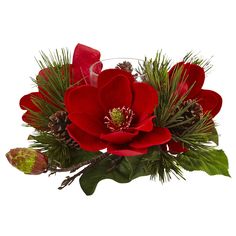 a red flower with pine cones and greenery