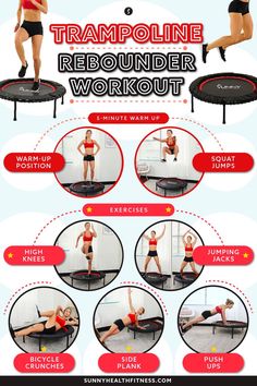 a woman doing exercises on a trampoline with the instructions for her to do it