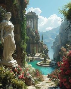 a statue in the middle of a garden next to a body of water and mountains