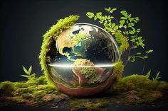 an image of a glass globe with plants growing out of the top and around it