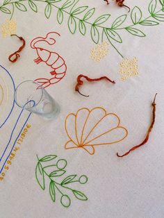 the table is covered with different colored embroiderys and threadwork, including leaves, flowers, and scissors