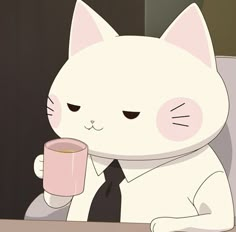 a white cat sitting at a desk with a pink coffee cup in his hand and wearing a black tie