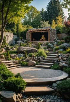 a rock garden with steps leading up to a stage in the center and trees surrounding it