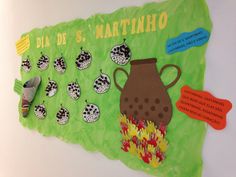 a bulletin board with different types of bugs on it, including a vase and fire extinguisher