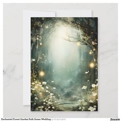 a card with an image of a forest scene