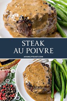 steak au poivre with gravy and green beans on a white plate