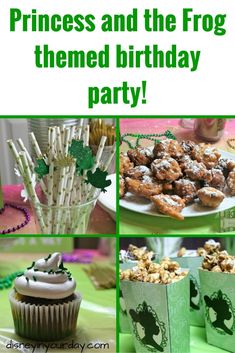 a collage of photos with green and white decorations on them, including cupcakes