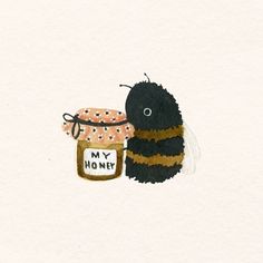 a drawing of a bee holding a jar of honey