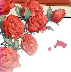 there are red roses on the corner of this book page, which has been drawn with colored pencils