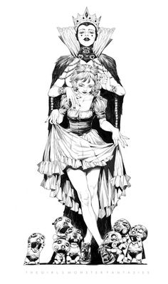 a black and white drawing of a woman in costume