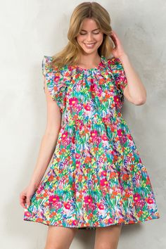 This Floral babydoll dress is both fashionable and versatile. It can easily be accessorized with different shoes or a jacket to create a new look. Not to mention, it even has pockets! Details: Fit: true to size Material: 100% polyester Dress Style: Babydoll Care: Wash on delicate cycle and hang to dry Playful Dresses With Ruffle Hem For Spring, Playful Floral Print Vacation Dresses, Playful Floral Print Dress For Vacation, Playful Knee-length Spring Dress, Trendy Cotton Dress With Ruffle Hem, Playful Ruffled Dresses For Vacation, Cute Multicolor Dress With Ruffle Hem, Multicolor Cotton Ruffle Mini Dress, Trendy Spring Mini Dress For Garden Party