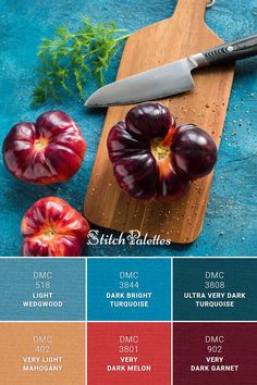 an assortment of different types of vegetables on a cutting board with knife and color swatches