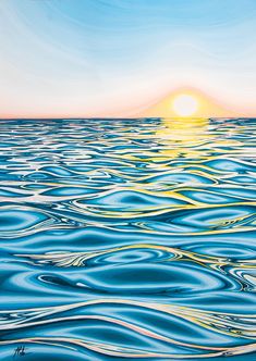 a painting of the sun setting over water