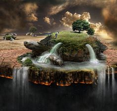 an island in the middle of a body of water with waterfalls coming out of it