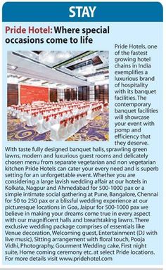 a brochure with the words pride hotel where special occasions come to life