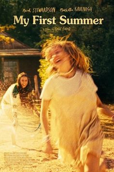 the movie poster for my first summer with two girls running in the sand and one girl holding a frisbee