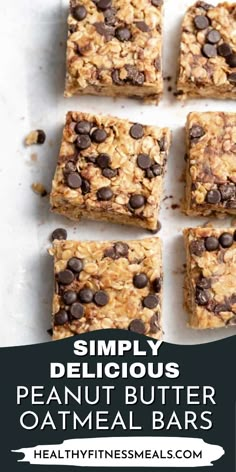 Simply Delicious Peanut Butter Oatmeal Bars are a 4-ingredient no-bake snack made with creamy peanut butter, honey (or maple syrup), rolled oats, and dark chocolate chips. Packed with fiber, healthy fats, and plant-based nutrients, these bars offer a tasty, wholesome treat. Naturally gluten-free and vegan with maple syrup, they make the perfect healthy snack or sweet treat for any time of day. Easy to prepare and irresistibly delicious! Rolled Oats Bars, Oatmeal Bars Healthy, Peanut Butter Oat Bars, Peanut Butter Oatmeal Bars, Fitness Meals, No Bake Peanut Butter, Peanut Butter Oats, Peanut Butter Roll, Butter Honey