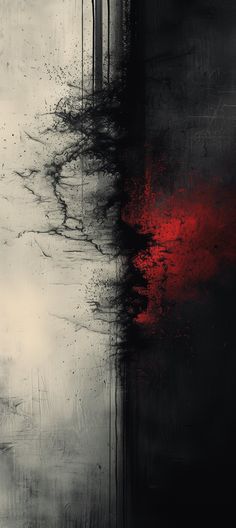 an abstract painting with black and red colors