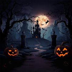 halloween scene with pumpkins and castle in the background