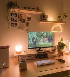 a desk with a monitor, keyboard and mouse on it