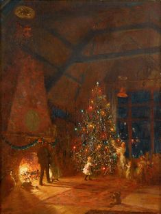 a painting of people standing around a christmas tree in a room with lights on it