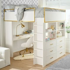 a white loft bed sitting next to a desk