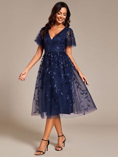 Short Sleeves Leaf Sequin A-Line Midi Formal Wedding Guest Dress #color_Navy Blue Navy Blue Guest Wedding Dress, Simple Dress Plus Size, Midi Wedding Guest Dress With Sleeves, Midi Formal Dresses, Starry Wedding, Midi Wedding Guest Dress, Formal Wedding Guest Dress, Navy Blue Prom Dresses, Formal Wedding Guests