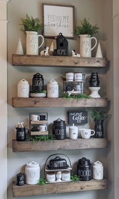 some shelves with coffee cups and mugs on them