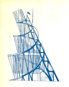 an architectural drawing of a roller coaster in blue ink on white paper, with the top section partially covered by netting