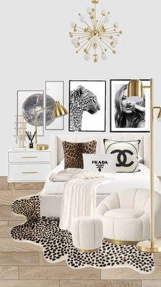 a living room with white furniture and leopard print on the walls, gold accents, and black and white accessories