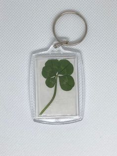 a four leaf clover keychain hanging on a white surface