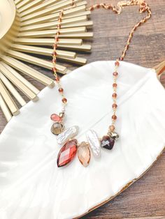 layering garnet necklace Elegant Festive Pearl Gemstone Necklace, Adjustable Gold-plated Gemstone Necklace, Garnet Gemstone Beads Necklace, Pearl And Garnet Necklace, Gemstone Shapes, Garnet Rosary, Elegant Garnet Necklace With Faceted Beads, Pearl Look, Chocolate Jewelry