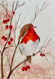 a watercolor painting of a bird sitting on a tree branch with berries around it