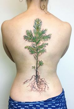 a woman's back with a tree and roots tattoo on her left side ribcage