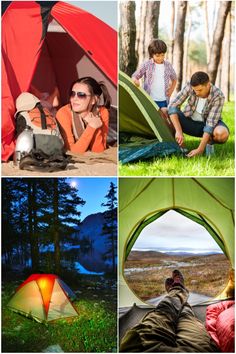 four different pictures with people camping in the woods